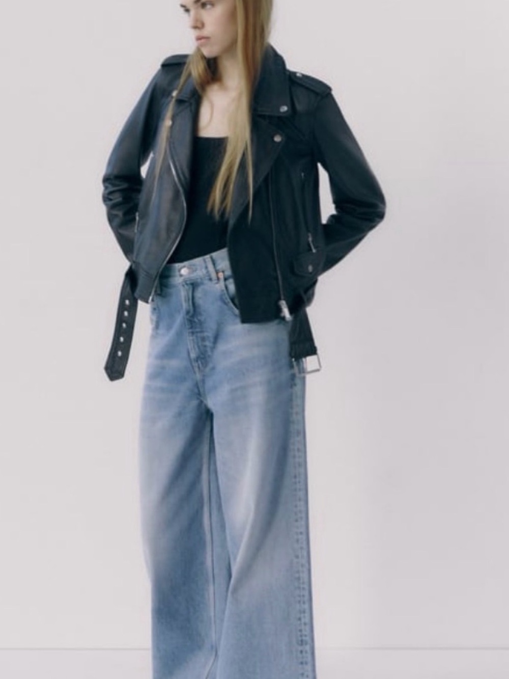 Zara Black Leather Biker Jacket with Belt